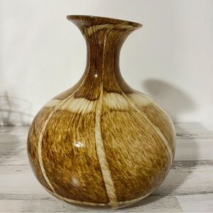 Vintage Hand Blown Art Glass Vase Brown Ivory Swirl MCM Decor
